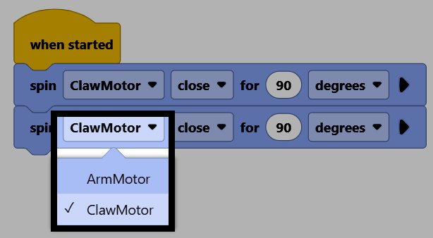 Screenshot of two spin motor for blocks, with the second block's motor dropdown open, showing ArmMotor and ClawMotor options, and ClawMotor selected.