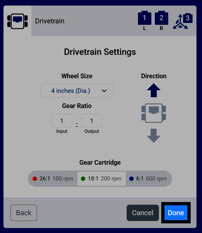 Screenshot of the Drivetrain Settings screen, with the Done button highlighted.