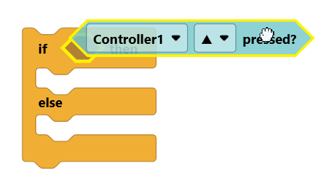 A controller ▲ button pressed Boolean block being dragged into the empty condition slot of an if/else block.