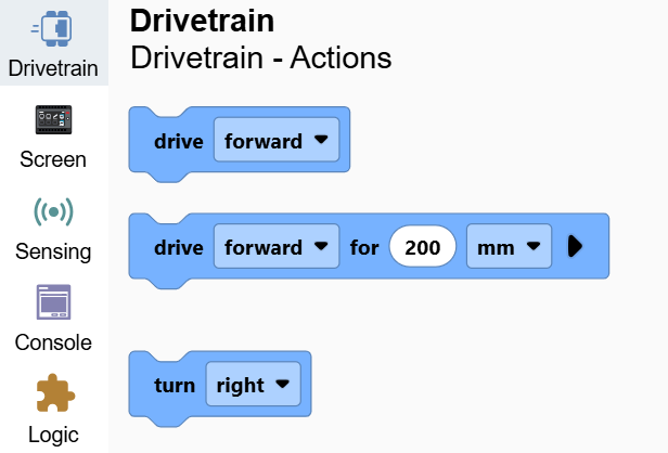 Screenshot of the toolbox with the Drivetrain category open, showing its drive and turn blocks.