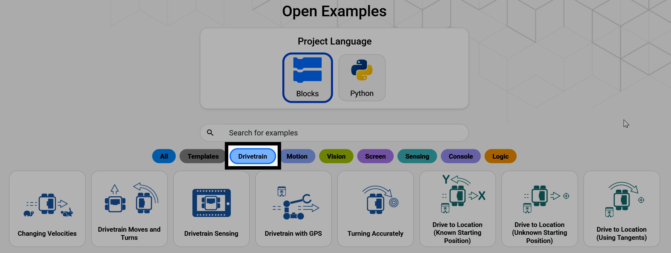 Screenshot of the Open Examples page, with the Drivetrain filter highlighted and its matching example projects shown.