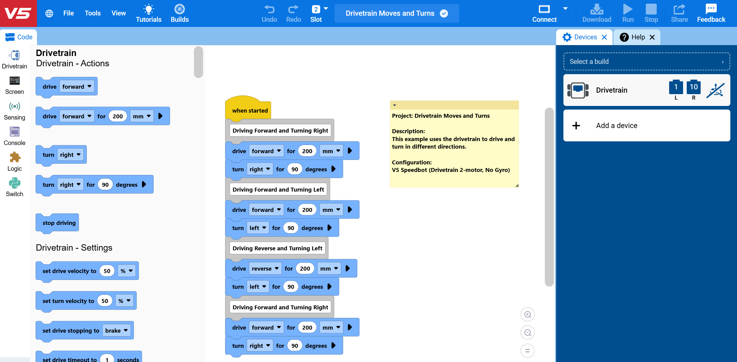 Screenshot of an opened example project in VEXcode, showing the example's blocks in the workspace, a comment explaining the project, and the configured Drivetrain in the Devices tab.