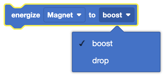 Diagram illustrating the robot Electromagnet's boost and drop modes with power and duration settings.