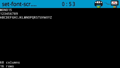 The robot screen printed numbers and letters with MONO 15 font. It shows A-T. On the bottom of the screen, it is 20 across and 12 rows.