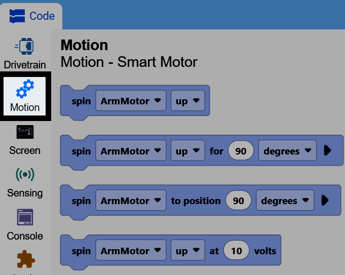 Screenshot of the toolbox with the Motion category open, showing the spin ArmMotor blocks.
