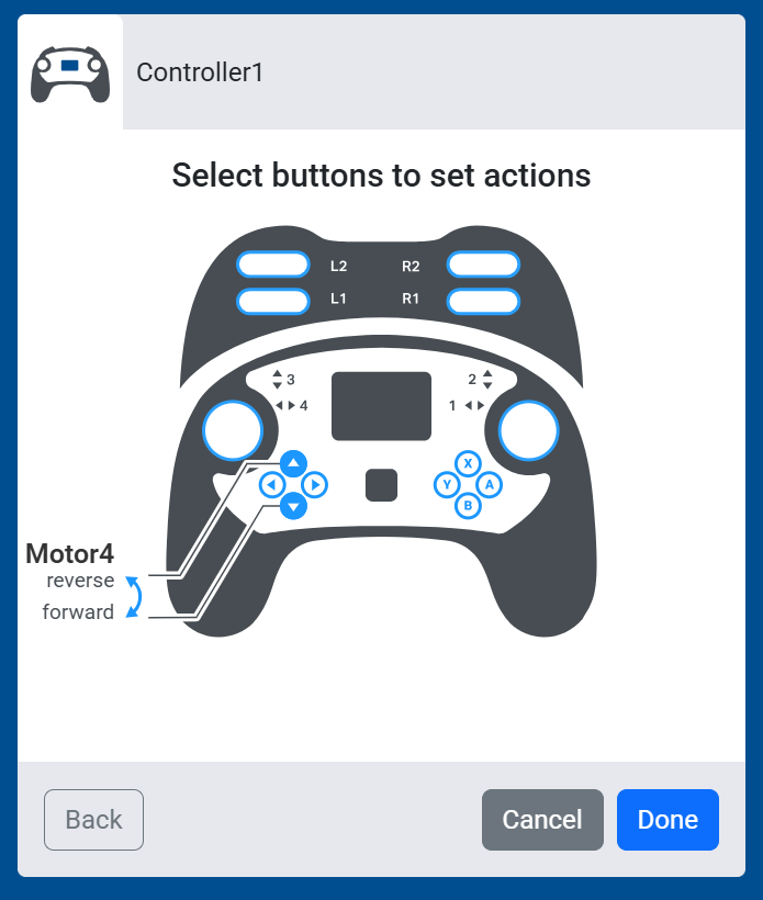 Screenshot of the Select buttons to set actions screen, showing the up and down D-pad buttons set to control Motor4's forward and reverse directions.