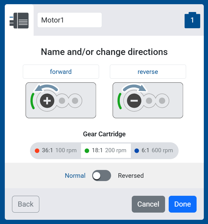Screenshot of the Name and/or change directions screen, showing the forward and reverse direction previews and the Normal/Reversed toggle.