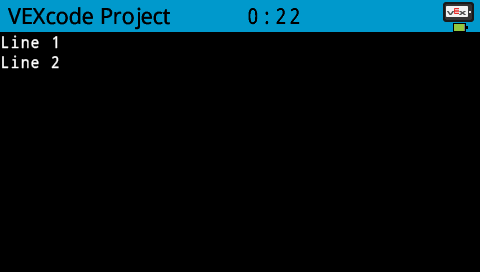 A screenshot of the V5 Brain showing the text "Line 1" printed above "Line 2".