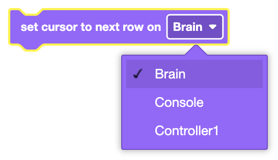 Icon representing the Next Row" block for setting the print output cursor on V5 Brain's screen or Controller's screen.