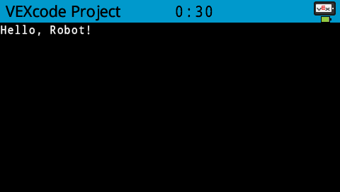 A screenshot of the V5 Brain showing "Hello Screen" printed on the screen.