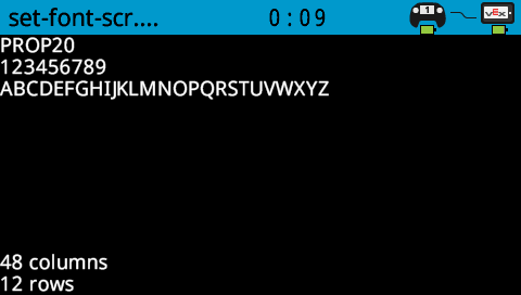The robot screen printed numbers and letters with PROP 20 font. It shows A-S. On the bottom of the screen, it is 8 across and 9 rows.