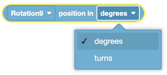 Diagram illustrating rotation sensor position units and their corresponding values in degrees and velocity.