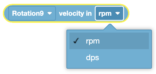 Diagram illustrating rotation sensor velocity units for robotics applications, showing degrees and RPM measurements.