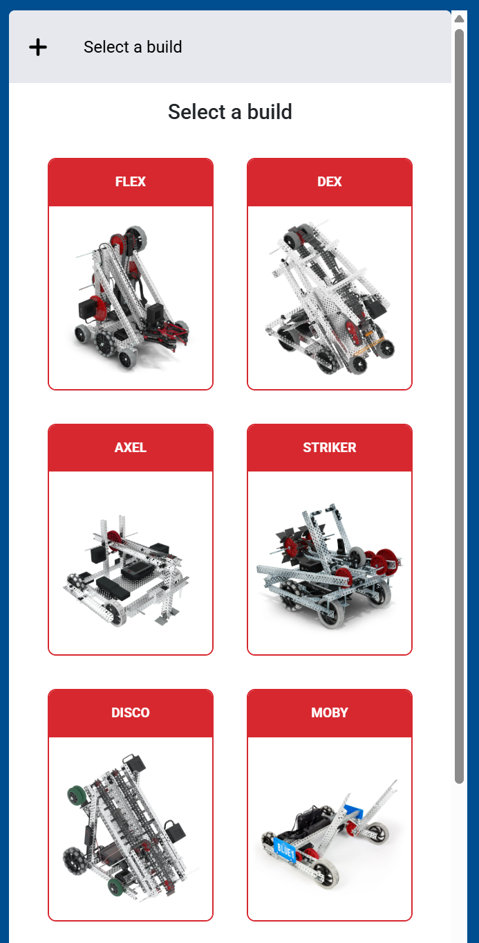 Screenshot of the Select a build screen, showing a grid of available robot builds.