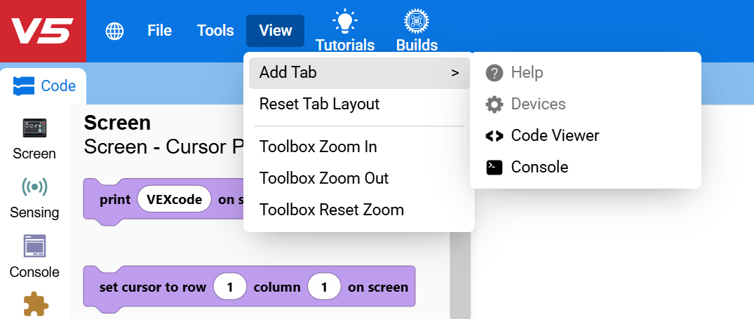 Screenshot of the Add Tab submenu, showing Help, Devices, Code Viewer, and Console as tab options.