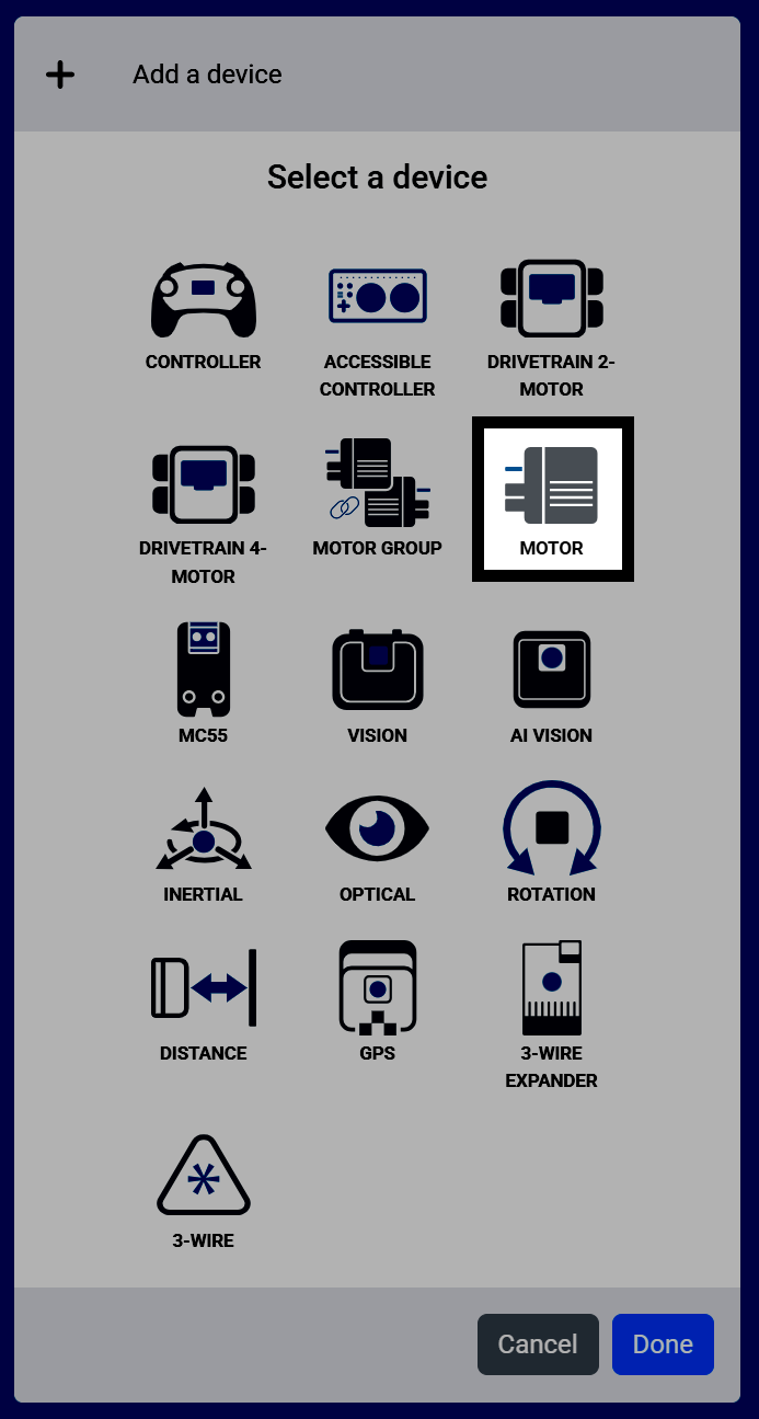 Screenshot of the Select a device screen, with Motor highlighted.