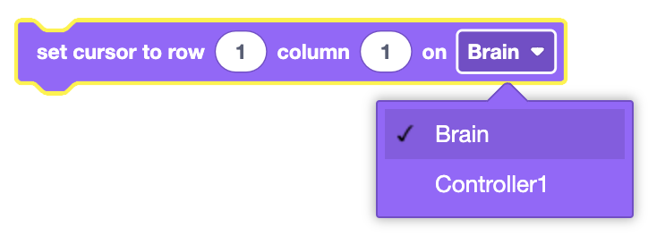 Set Cursor block for V5 Brain screen, illustrating cursor position settings for printing text.