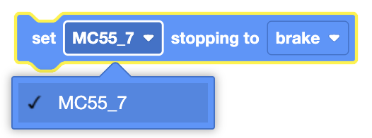 Image of the Set Motor Stopping block for controlling motor behavior when stopping, showing options for braking and coasting.