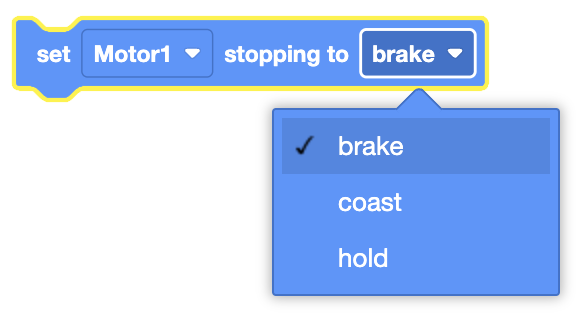 Diagram illustrating the Set Motor Stopping block options for controlling motor stopping behavior in robotics.