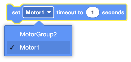 Image showing the Set Motor Timeout block for controlling motor movement limits in programming environments.