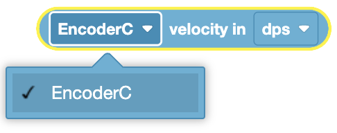 Shaft encoder velocity device showing real-time velocity data in degrees per second for precise motor control.