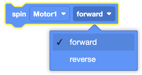 Diagram illustrating motor spin directions and control options for various motor blocks in a robotics programming context.