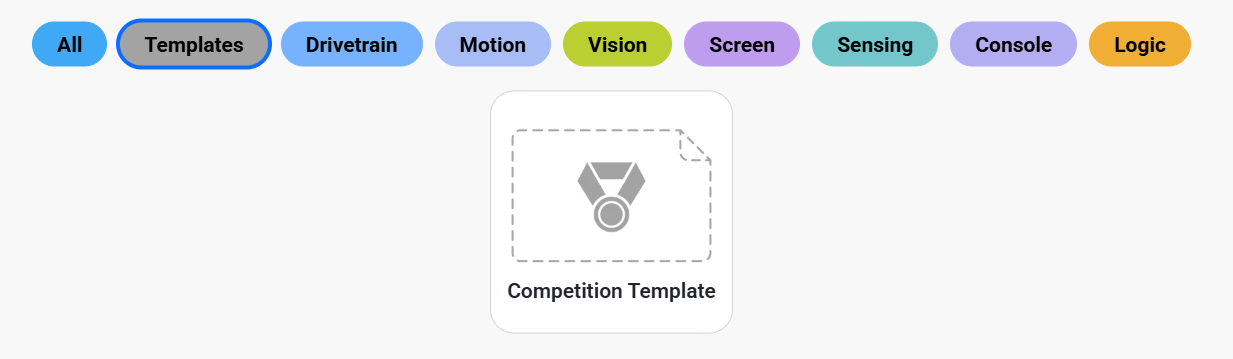 Screenshot of the Open Examples page, with the Templates filter highlighted, showing the Competition Template.