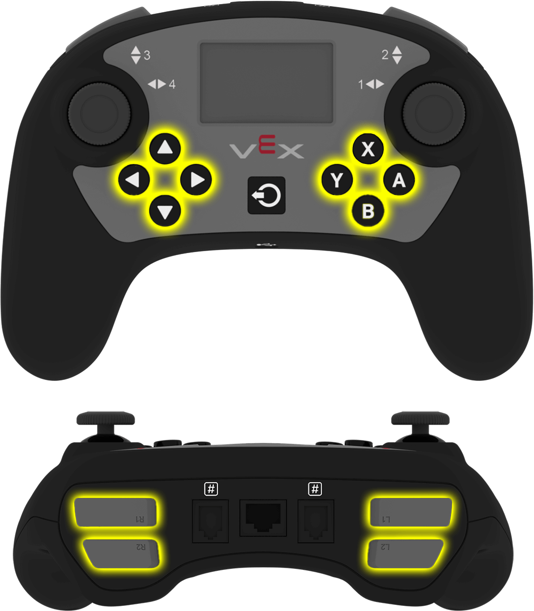 A VEX V5 Controller buttons highlighted yellow.