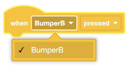 Image depicting the When Bumper" block used in VEXcode to trigger actions based on bumper switch sensor events.