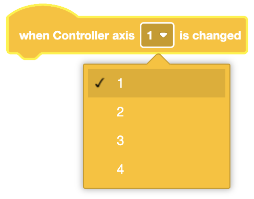 Image illustrating the When Controller Axis" block used to trigger actions based on joystick movement in VEXcode.