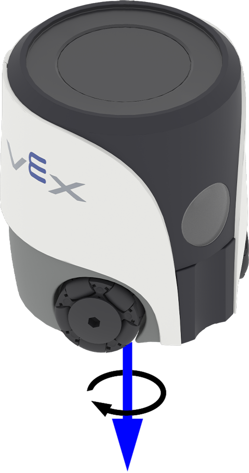 Một robot lập trình VEX AIM với mũi tên màu xanh hướng xuống từ tâm robot. Xung quanh mũi tên màu xanh, một mũi tên cong màu đen chỉ theo chiều kim đồng hồ, biểu thị hướng xoay dương.
