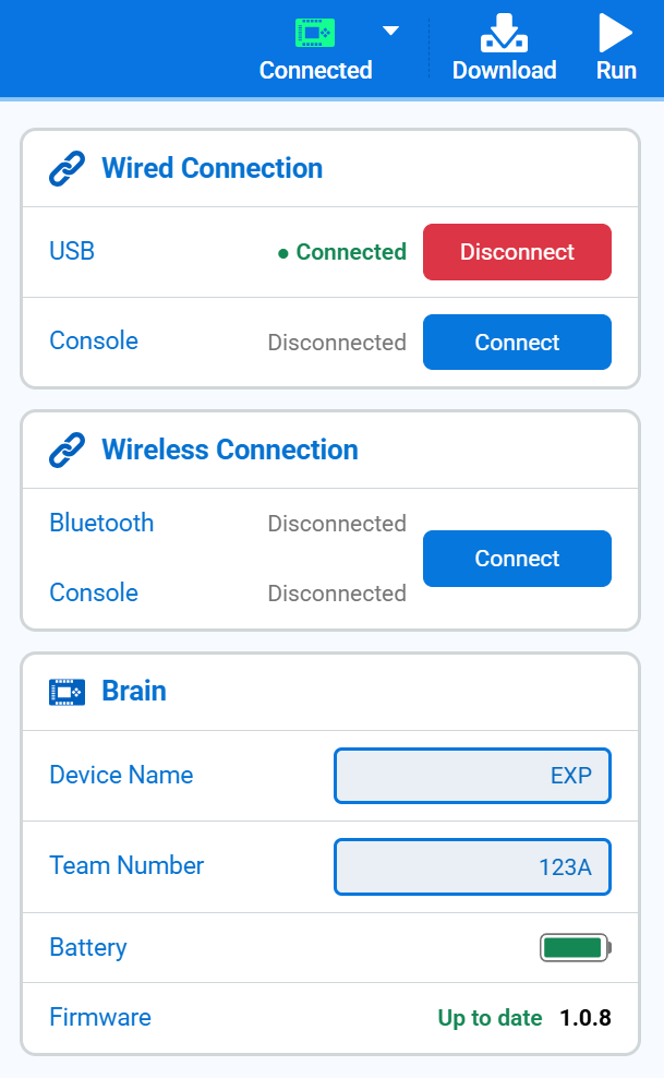 Ảnh chụp màn hình menu Connect với USB hiển thị trạng thái Connected, và phần Brain hiển thị Tên thiết bị, Số đội, dung lượng pin và phiên bản firmware.