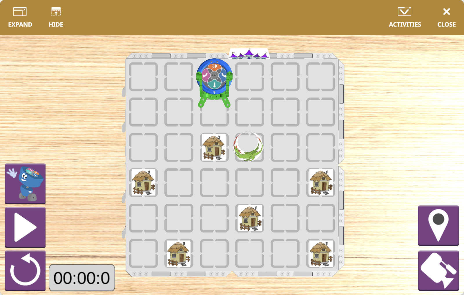 The VEXcode VR Playground window showing the 123 Playspace Playground. It shows the VR Robot using the pusher on the front of the robot to push the dragon away from the houses.