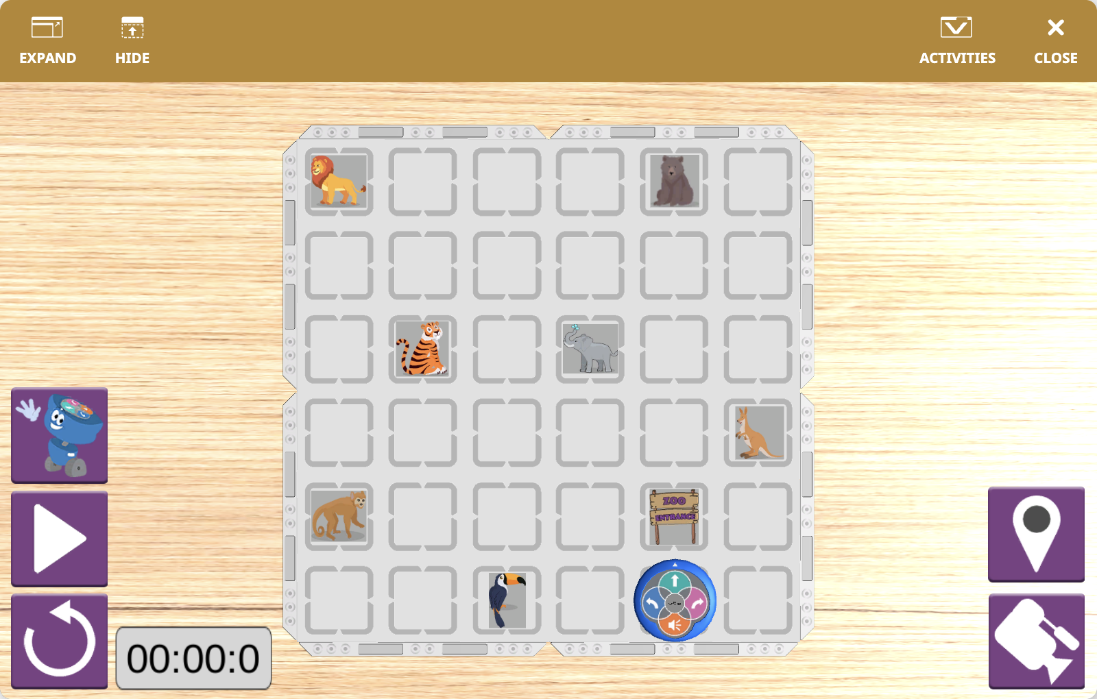 The VEXcode VR Playground window showing the 123 Playspace Playground. It shows the VR Robot navigating to visit the animals around the zoo.