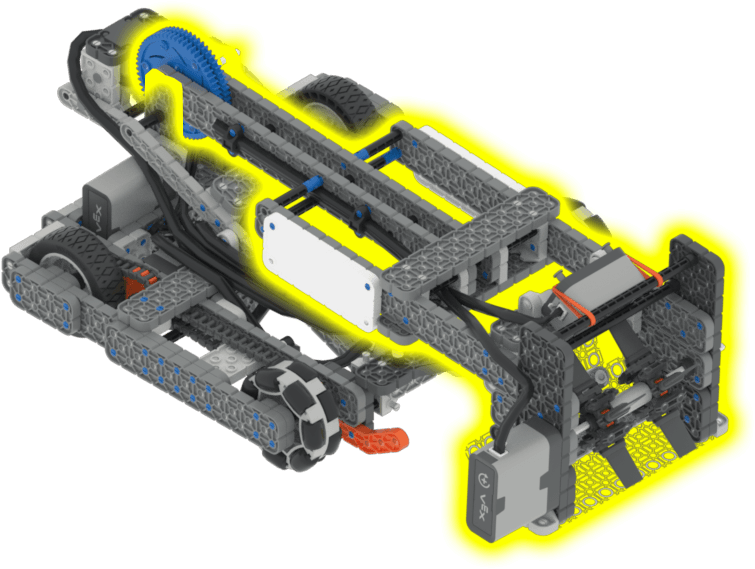 The Hero bot, Flop, with its arm motor highlighted in yellow.