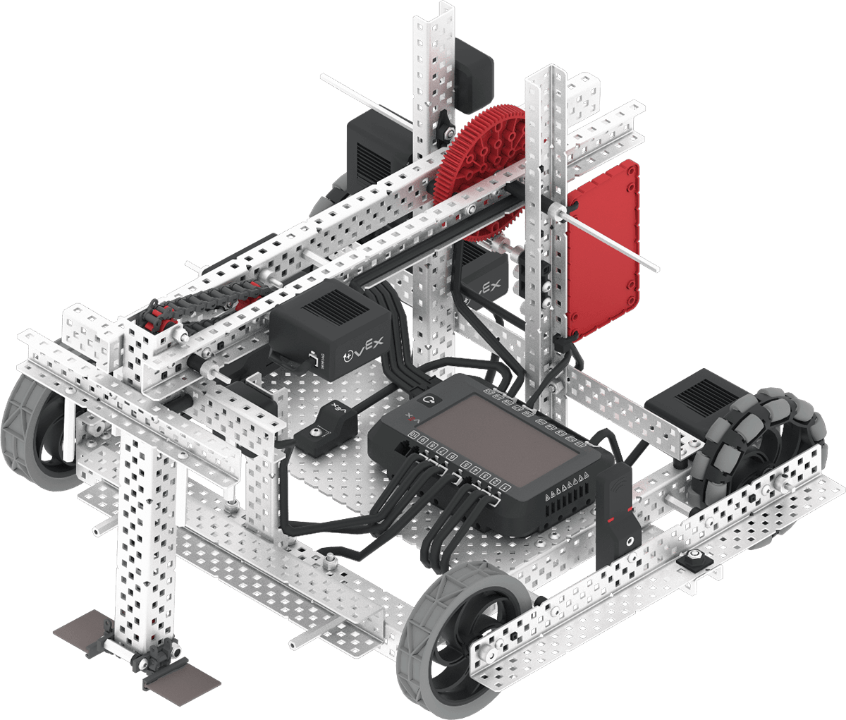 The VEXcode VR Robot window showing the Axel Robot. It shows the robot manipulating Rings with an arm and pusher in a GPS-enabled competition field.