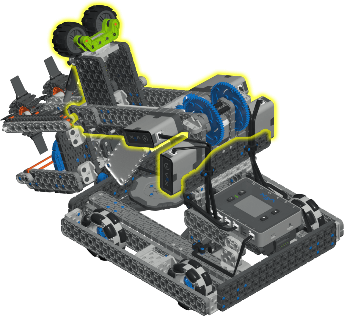 Diagram showing the arm range of the Byte VEX IQ Hero Bot, illustrating movement from 0 to 1300 degrees.