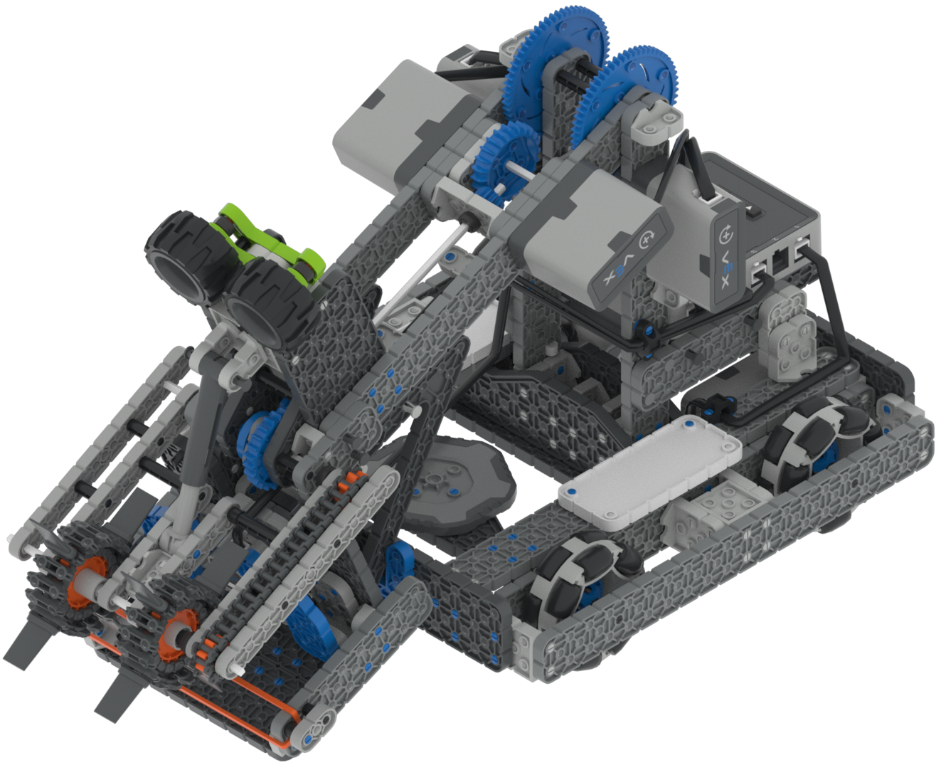 The VEXcode VR Robot window showing the Byte Robot. It shows the robot lifting and moving Blocks with an arm and intake motor group.