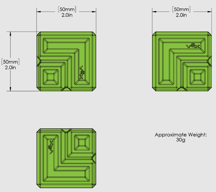 Green Block for VIQRC Virtual Skills Field, measuring 51mm per side, part of the game elements in the playground.