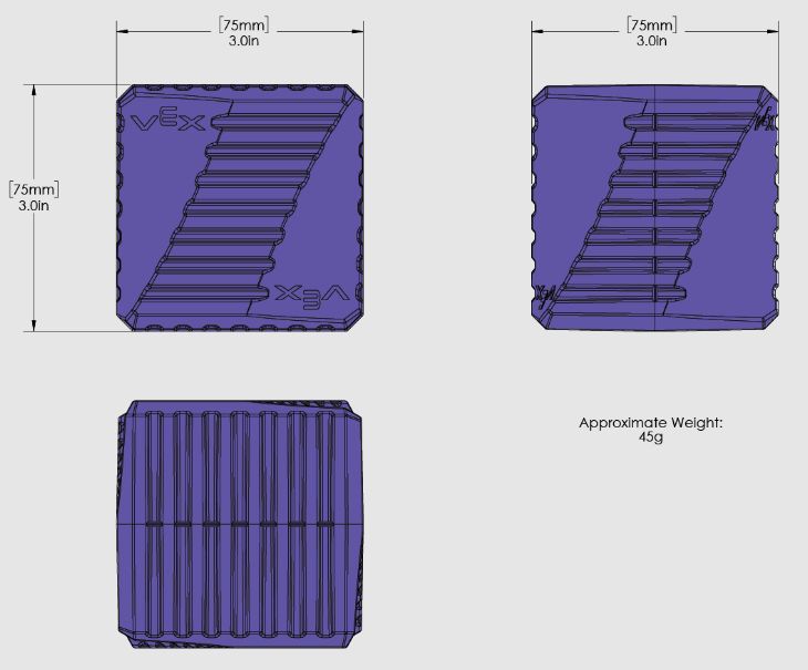 Purple block used in the VIQRC Virtual Skills Full Volume Playground, measuring approximately 76mm per side.