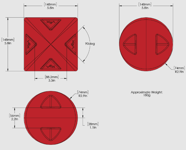 Red block from VIQRC Virtual Skills Full Volume Playground, measuring 147mm in diameter, on a game field configuration.