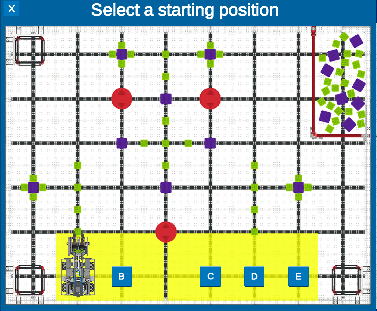 Diagram of the VIQRC Virtual Skills Full Volume Playground field layout with game element starting configurations.