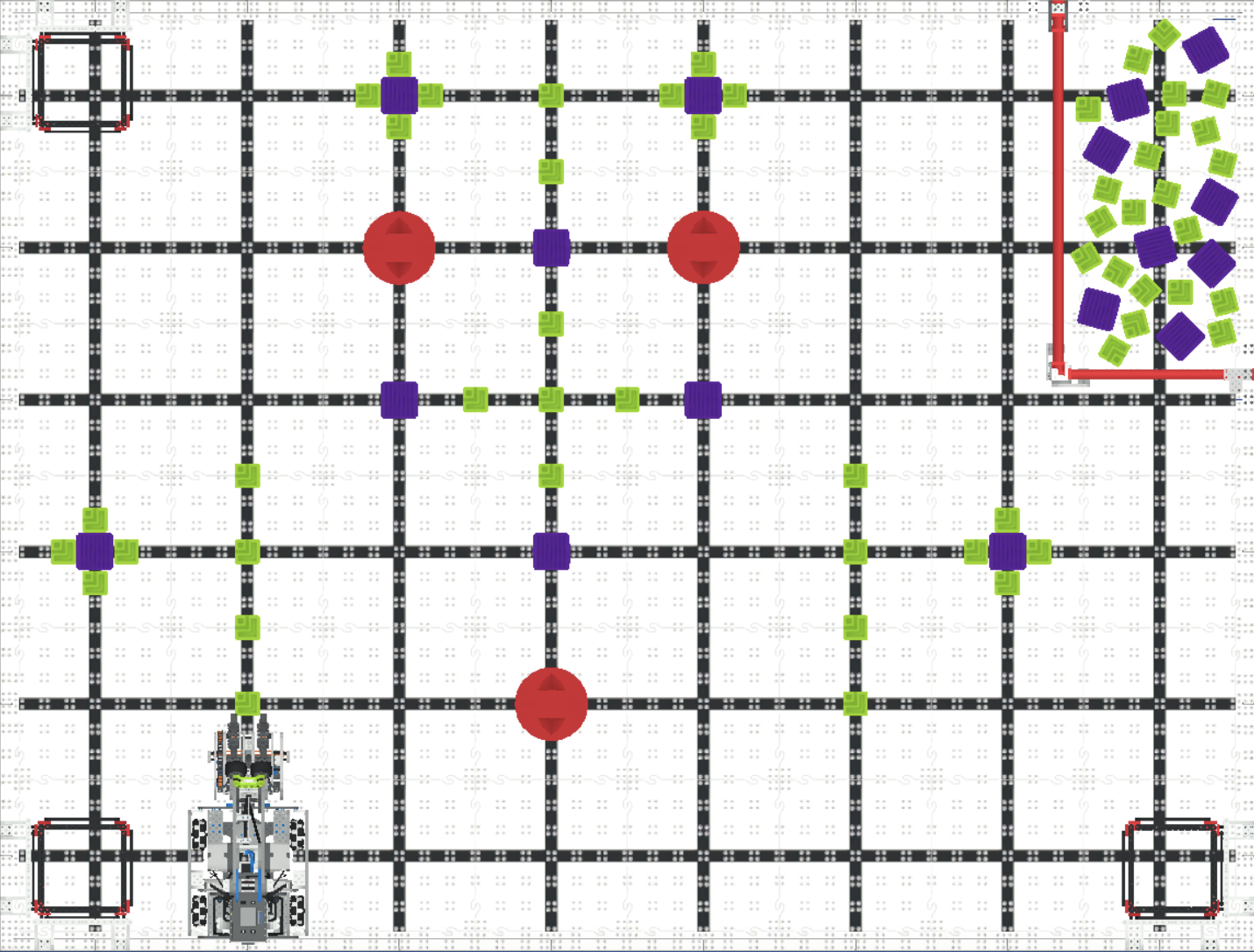 Top-down view of the VIQRC Virtual Skills Full Volume Playground field with game elements and grid layout.