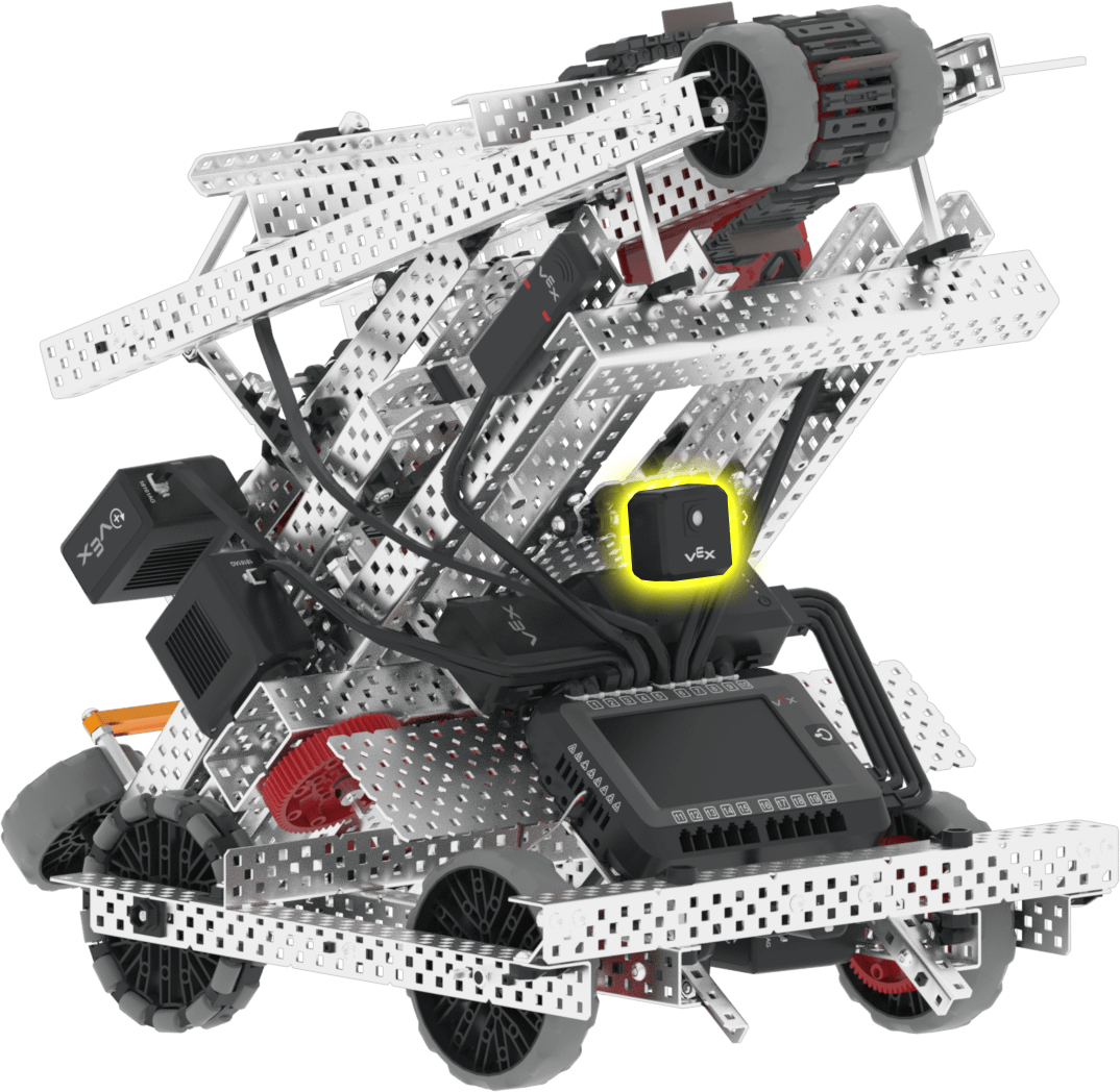 VEX robot chassis with mounted Vision Sensor highlighted in yellow, surrounded by V5 electronics and structural components.
