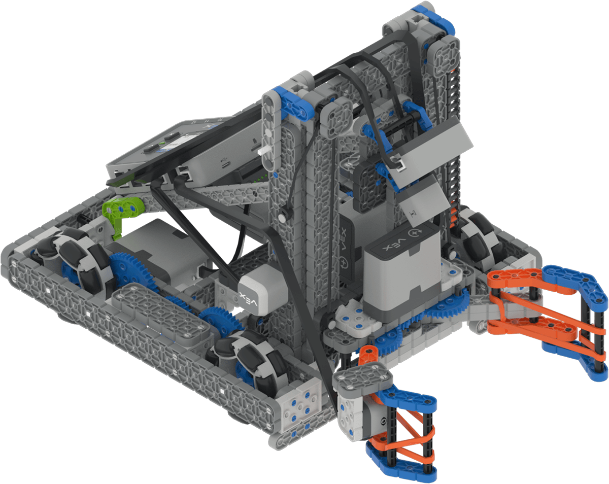 The VEXcode VR Robot window showing the Huey Robot. It shows the robot picking up and assembling Pins and Beams with a claw and lift.
