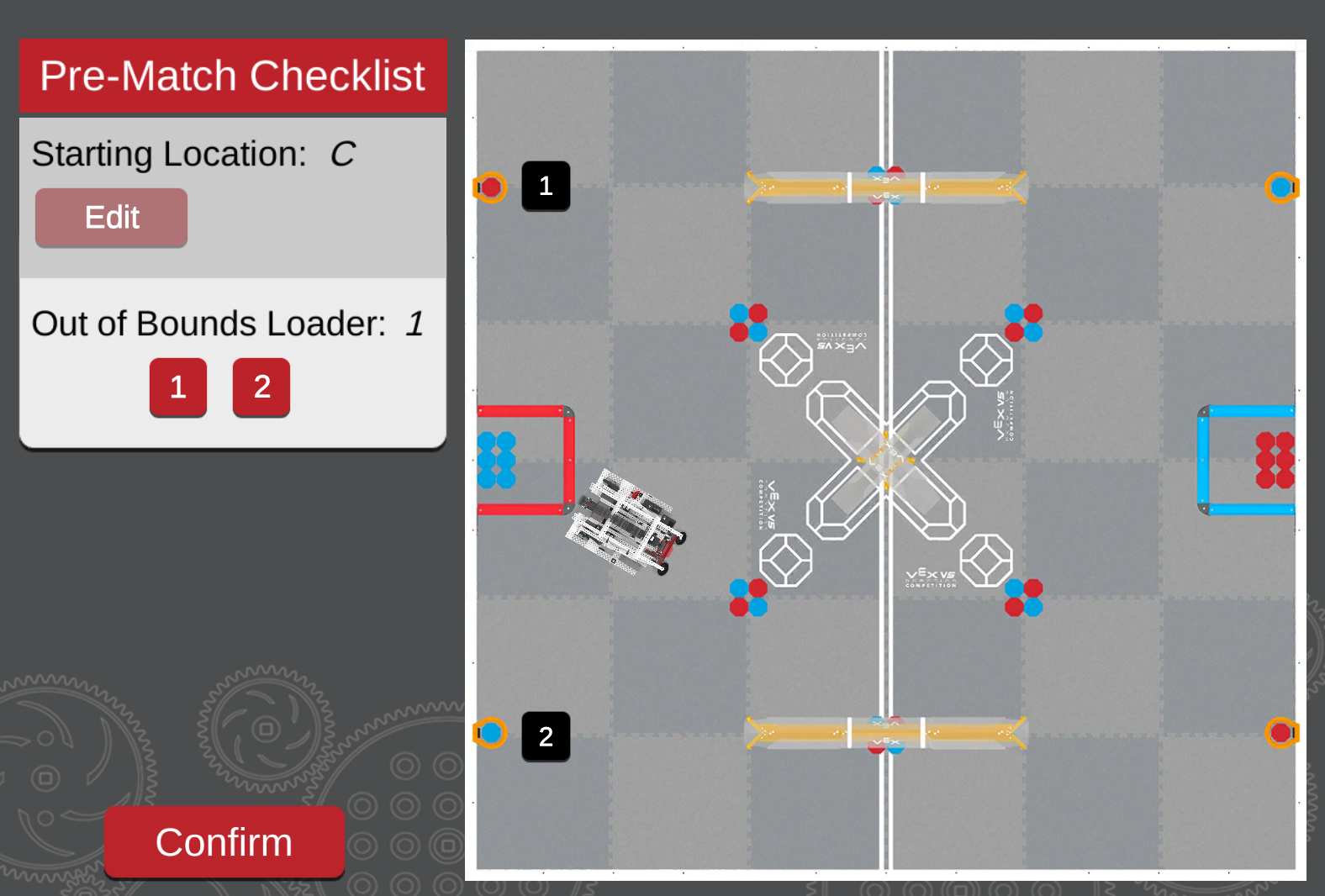 VEX Robotics pre-match checklist interface with selected starting location C and out-of-bounds loader 1; top-down field map with loader zones labeled 1 and 2.