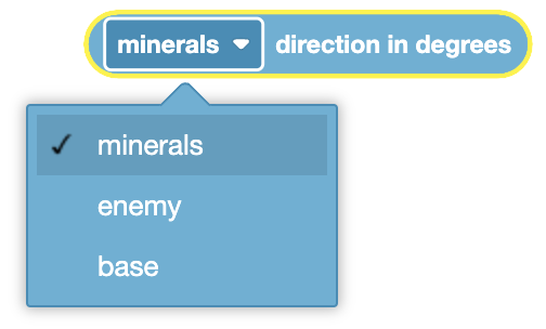 Rover direction selection interface showing options for navigating towards minerals, enemies, or base in VR Rover.