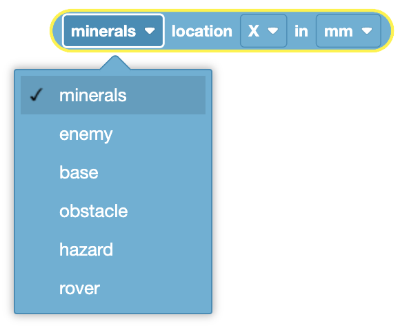 Image of the VR Rover's location selection interface, displaying options for mineral and enemy coordinates.