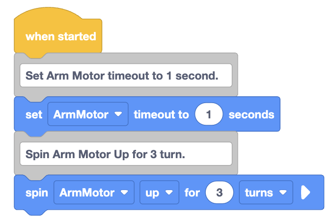 Example of setting motor timeout in VEXcode VR for controlling motor movement duration.