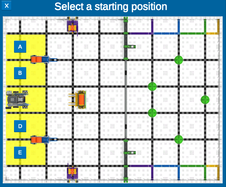 Starting configuration for VIQRC Virtual Skills Slapshot Playground field with labeled positions A to E.